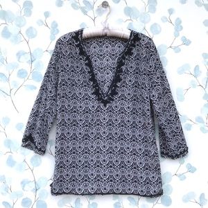 San Tropez West Womens Top Navy Blue & White Patterned Boho Blouse w/ Brocade